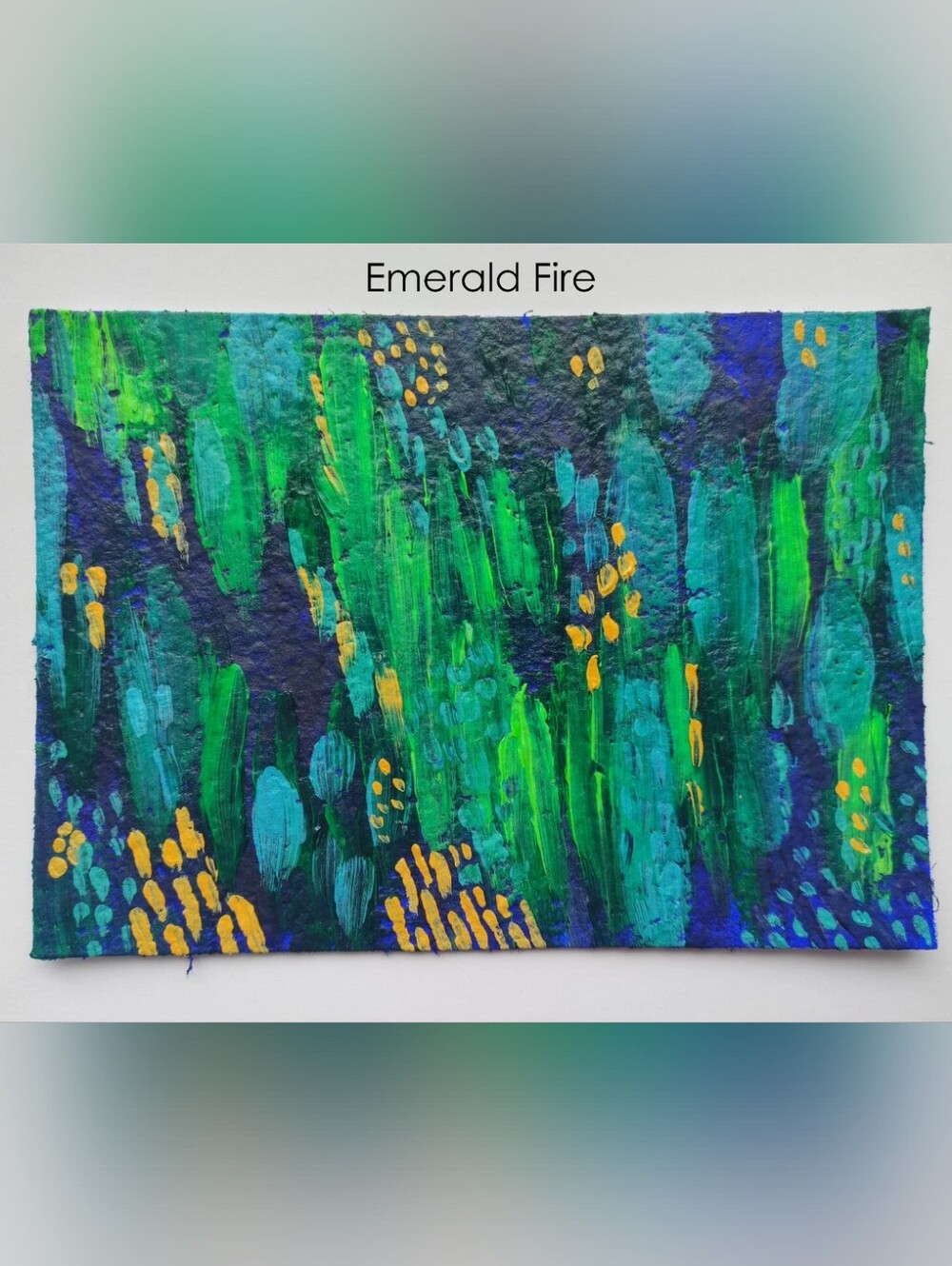 5x7 small original abstract painting emerald green orange navy jewel Office Art